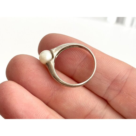 Cultured Pearl Modernist & Minimalist 925 Sterling Silver Vintage Ring - sz 6 - Picture 8 of 14
